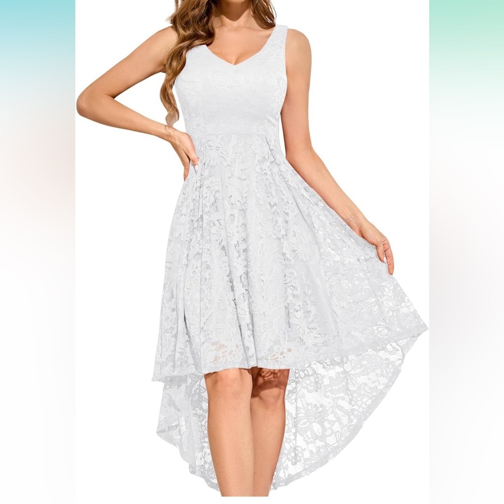 MUADRESS Women's Elegant Floral Lace Sleeveless Crew Neck Hi-Lo Cocktail Dress